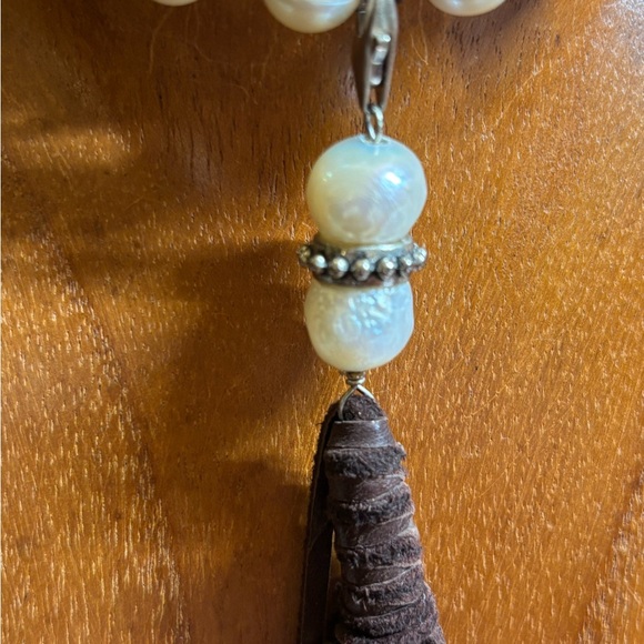Rae Ramsey Pearl and Leather Boho Feather Tassel Necklace. RODEO - Picture 2 of 3